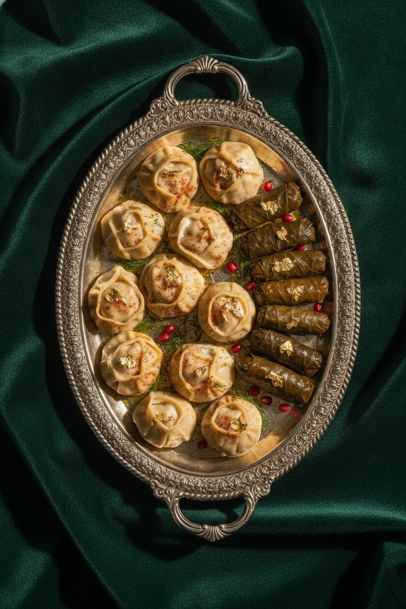 Kadife kutuda dizilmiş el açması mantı ve dolma; altın varak dokunuşlu dev ikram tepsisi