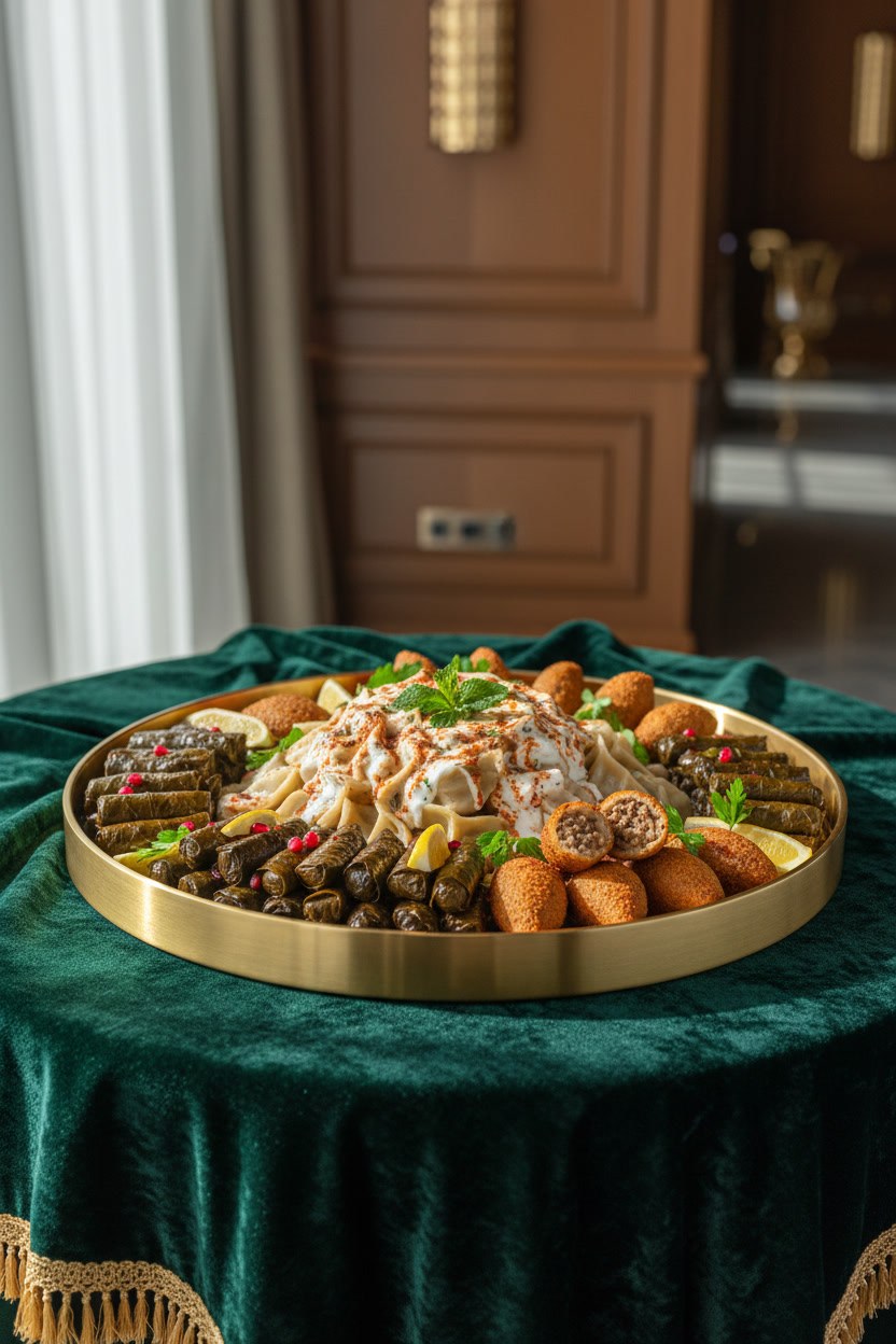 Kurumsal boy dev tepside dizilmiş mantı, dolma ve içli köfte kompozisyonu