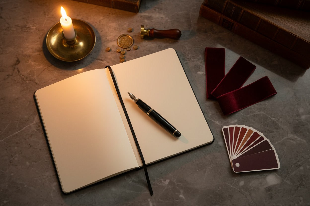 Koyu mermer masada açık defter, dolma kalem ve bordo kadife kurdele örnekleri
